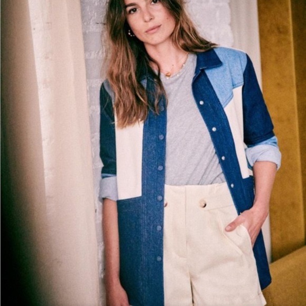 Sezane Blue and White Colorblock Jacket
